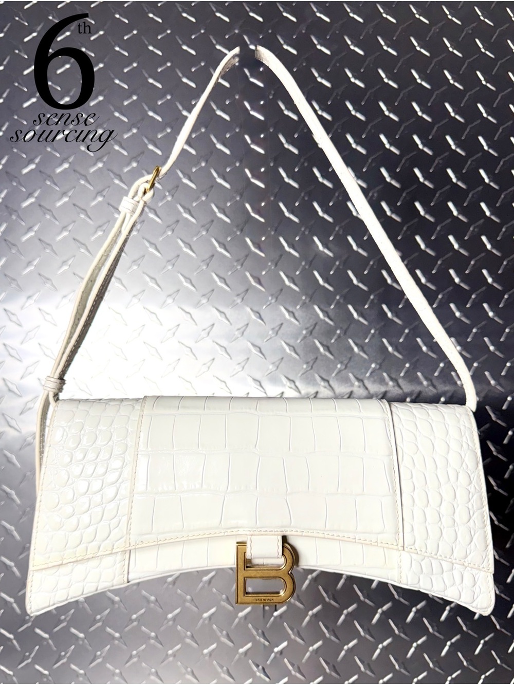 Balenciaga Croc Embossed Stretched Hourglass Logo Bag in White